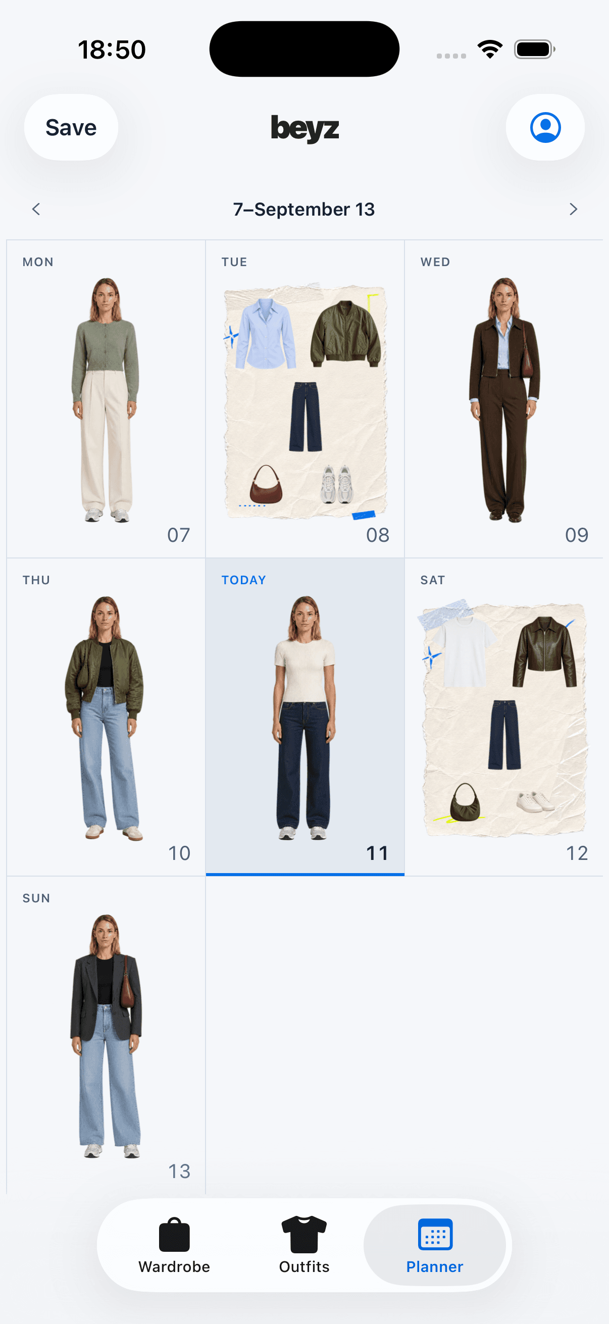 Outfits organized in the Beyz planner before choosing a look to preview